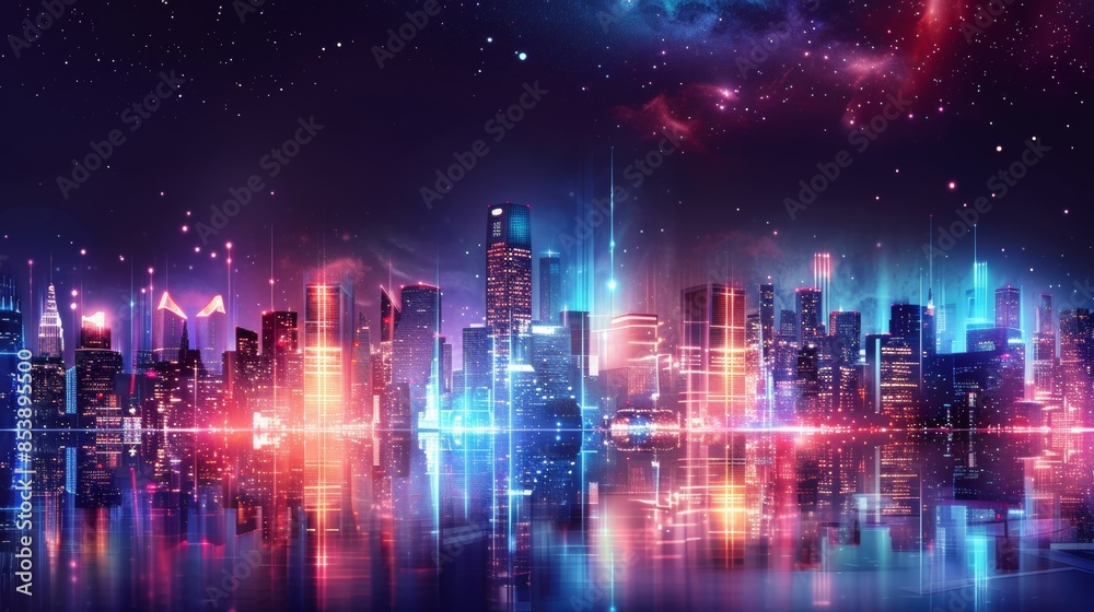 cityscape with space and neon light effect. Modern hi-tech, science, futuristic technology concept. Abstract digital high tech city design for banner background