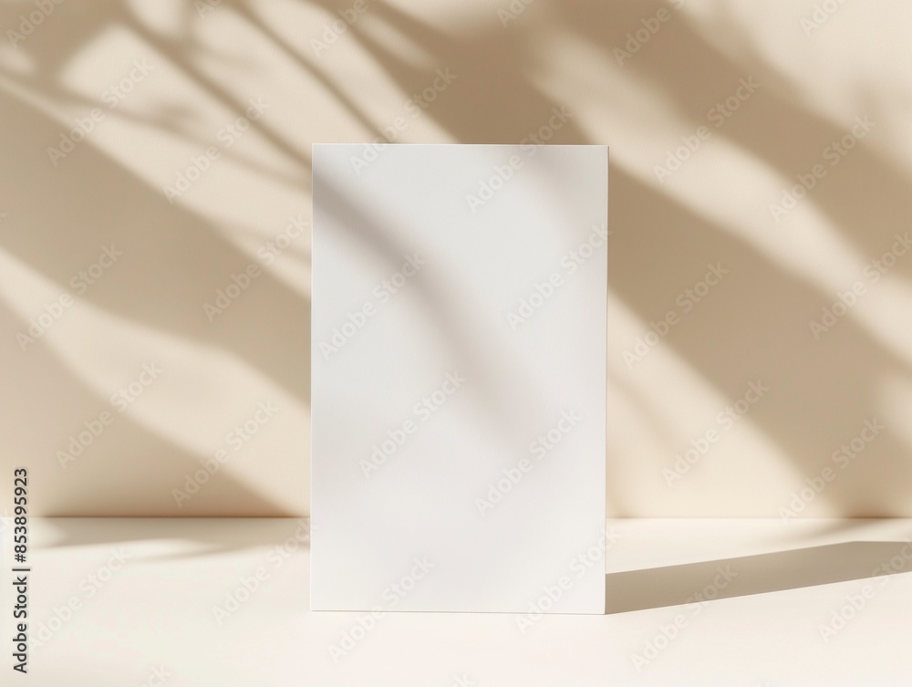 Summer artistic display scene. Blank paper on beige wall in sunlight. Tree leaves, branches shadows overlay Summer artistic display scene. Blank paper on beige wall in sunlight. Tree leaves, branches shadows overlay