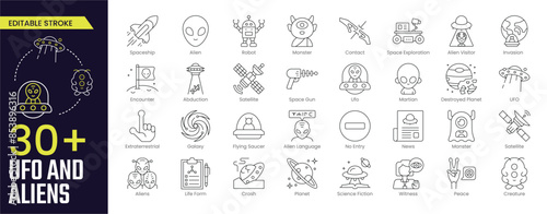 UFO and aliens Stroke icon collections. Containing alien, spaceship, encounter, invasion, space gun, martian, creature, Area 51 and more. Stroke icon collection Outline icon