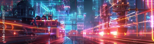 Futuristic neon cityscape with vibrant lights and glowing digital architecture, depicting a high-tech urban environment at night.