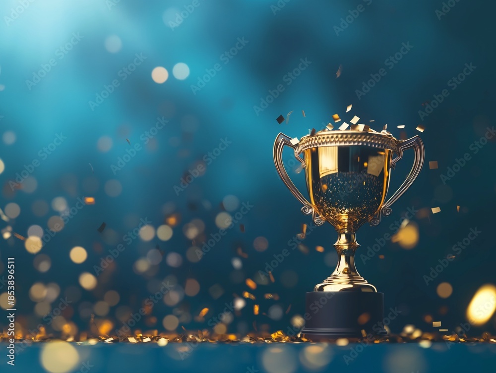 trophy with a blue background and sparkling gold, Winning symbol trophy with a blue background and sparkling gold, Winning symbol