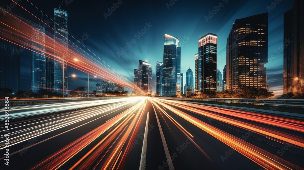 Light trails on the modern building background. Light trails at night in urban environment, Abstract Motion Blur City, traffic, transportation, street, road, speed Light trails on the modern building background. Light trails at night in urban environment, Abstract Motion Blur City, traffic, transportation, street, road, speed