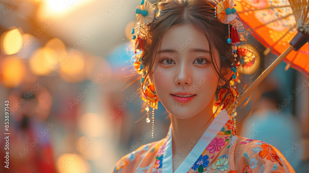 women wearing traditional Korean dress (Hanbok) and holding a vibrant umbrella while standing on a picturesque Korean street. generative ai women wearing traditional Korean dress (Hanbok) and holding a vibrant umbrella while standing on a picturesque Korean street. generative ai