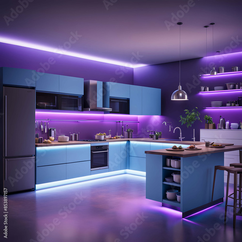 Minimalist Neon Lit Kitchen Showcasing Appliances and Home Decor in a Vibrant Futuristic Setting. ai generated © zuravagansa