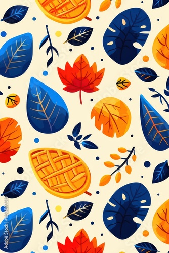 A digital illustration featuring a pattern of colorful leaves, twigs, and a pie crust