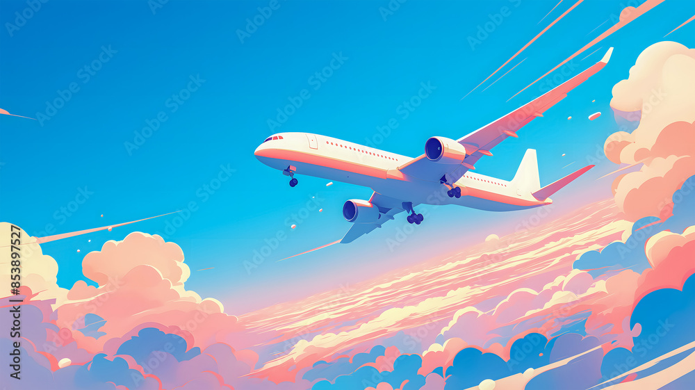 An airplane flying against a background of blue sky and pink fluffy clouds is an illustration that is suitable for advertising travel, tourism and airline services. An airplane flying against a background of blue sky and pink fluffy clouds is an illustration that is suitable for advertising travel, tourism and airline services.