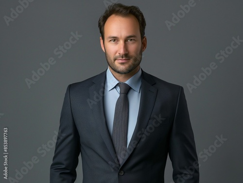 cropped photo of man in suit on grey background, Concept of successful business © acnaleksy