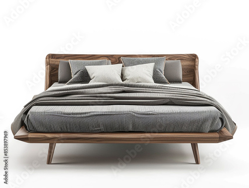 Scandinavian design double bed isolated on a white background. Simple and minimalist design. 