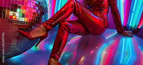 Woman in a shiny red outfit with high heels sitting on a disco ball