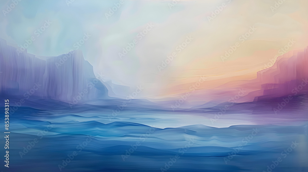 Abstract digital landscape with soft pastel hues of blue, purple, and pink, creating a calming and serene atmosphere. Ideal for tranquil, meditative, or contemporary decor settings. copy space.