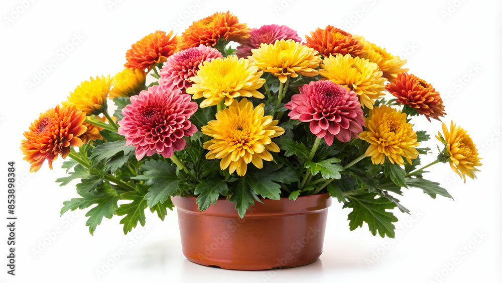 Chrysanthemum flowers with green leaves in pot on white background Chrysanthemum flowers with green leaves in pot on white background