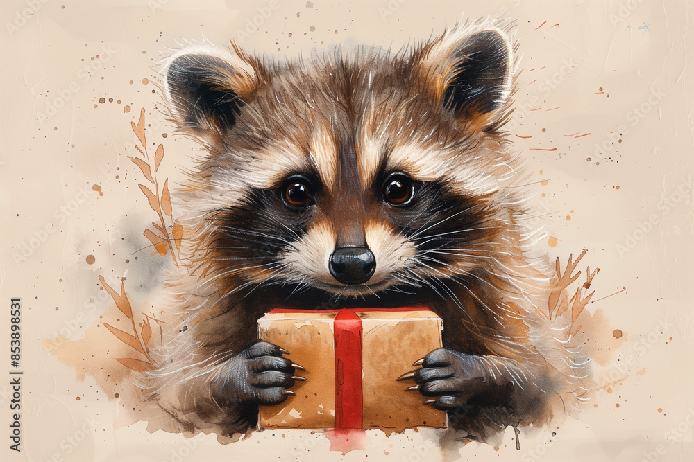 Obraz premium Baby raccoon with a gift, watercolor skateboard.