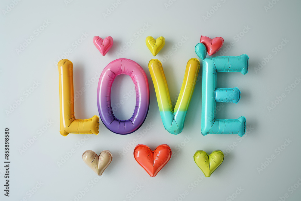Naklejka premium A colorful balloon bouquet with the word LOVE written in the middle