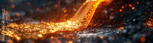 Bright molten metal flowing from a pipe with glowing heat and sparks, closeup, detailed, foundry environment, industrial and intense metalworking process 8K , high-resolution, ultra HD,up32K HD photo