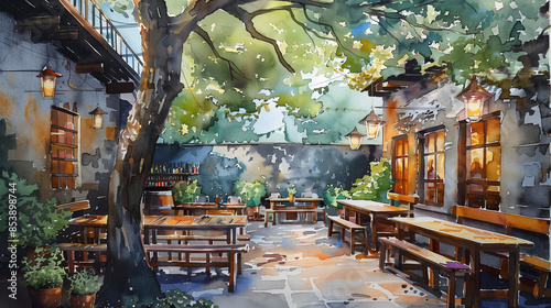 Cozy beer garden with tables, benches, and lanterns, set under trees, creating a relaxing atmosphere. photo