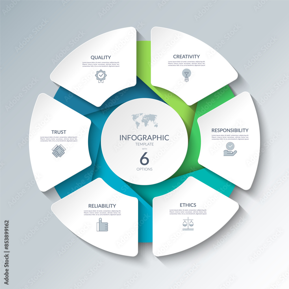 Infographic circular diagram with 6 options. Round chart that can be used for business analytics, data visualization and presentation. Vector illustration.