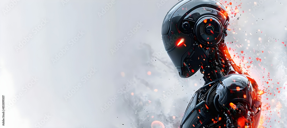 Futuristic cyborg robot with glowing red eyes on a white background ...