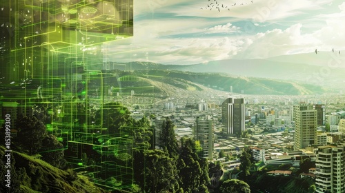 A futuristic view of Quito, Ecuador, with smart buildings and green technology, digital art, modern and sustainable. -