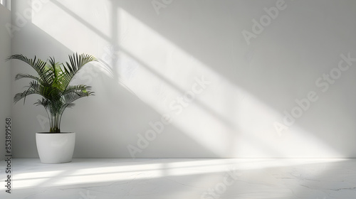 Minimalist interior design with sunlight and potted plant, horizontal banner with copy space. Ideal for home decor themes, modern design articles, or indoor gardening tips. © Arma