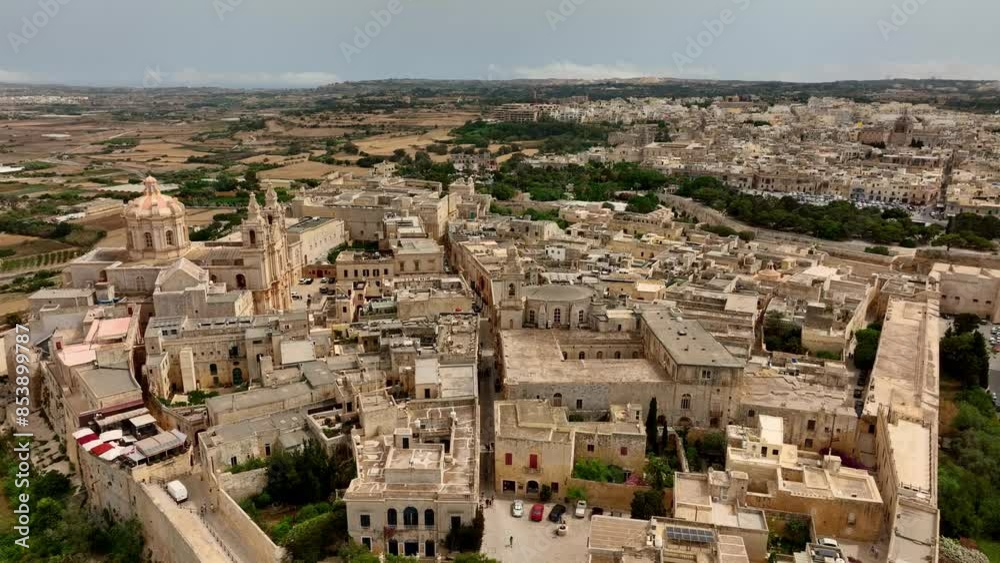 Aerial drone view of main Mdina cathedral, old capital of Maltese island