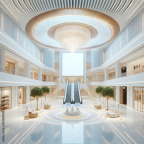 A large building with escalators and a chandelier informative creative engaging. photo