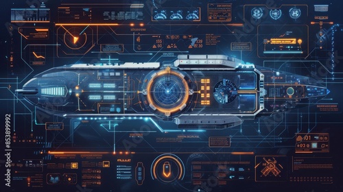 Fototapeta Naklejka Na Ścianę i Meble -  Futuristic spaceship interface with various high-tech elements, digital displays, and holographic data. Perfect for sci-fi and technology themes.