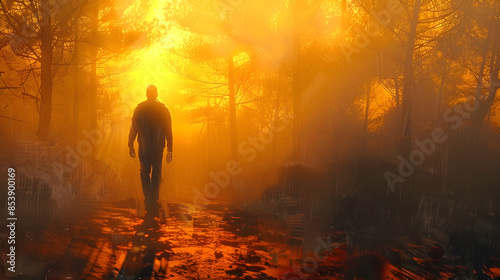 Wallpaper Mural A man walking through a foggy forest with the sun behind him, featuring orange and yellow tones. Perfect for usage in themes of adventure, tranquility, and nature. Copy space included. Torontodigital.ca