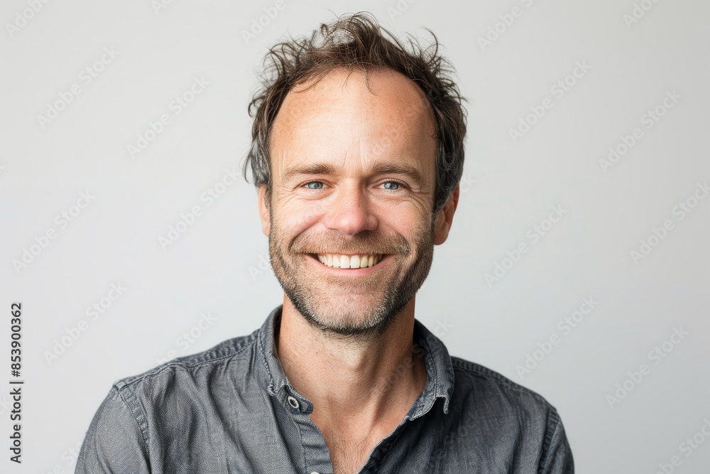 Fototapeta premium Portrait of a glad caucasian man in his 30s smiling at the camera while standing against white background