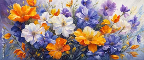 Panel kuchenny z motywem Blue and yellow flowers. Flower background. AI generated