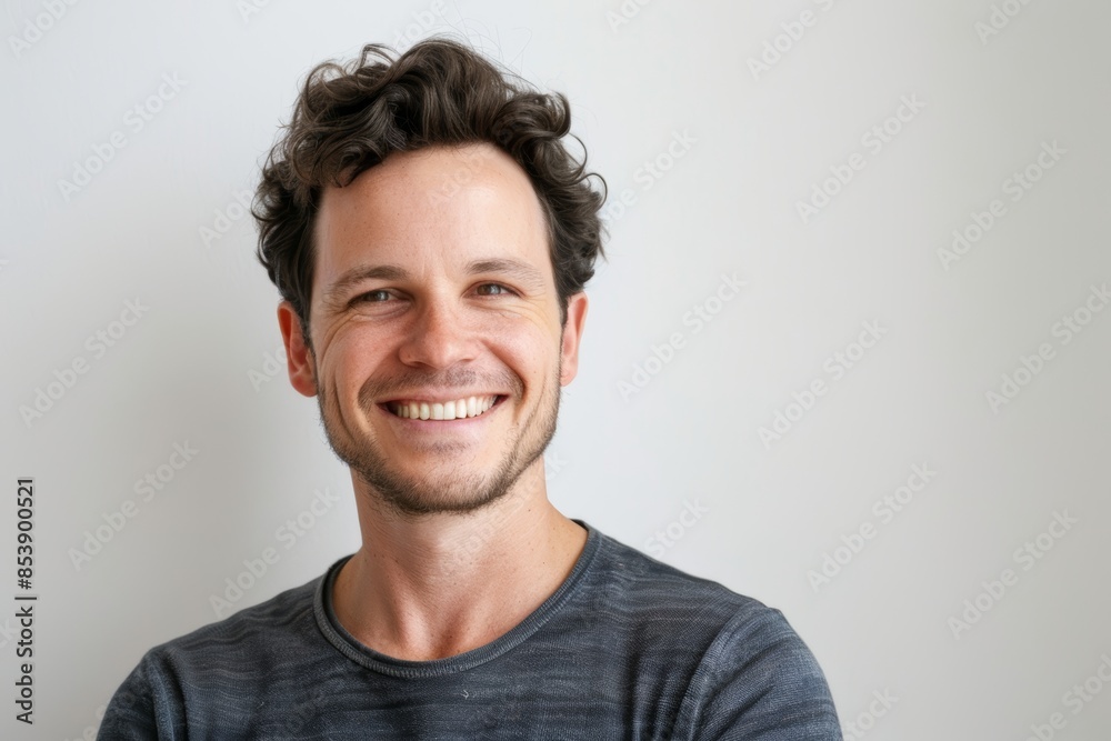 Portrait of a glad caucasian man in his 30s smiling at the camera in white background Portrait of a glad caucasian man in his 30s smiling at the camera in white background