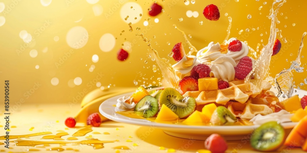 Obraz premium Delicious Creamy Maple Honey Syrup Waffles Dessert with Mango, Kiwi, Raspberry, Strawberry, and Banana Fruits Splashing on Sunny Yellow Background, Perfect for Afternoon Tea, Party, Summer Dessert, Hi