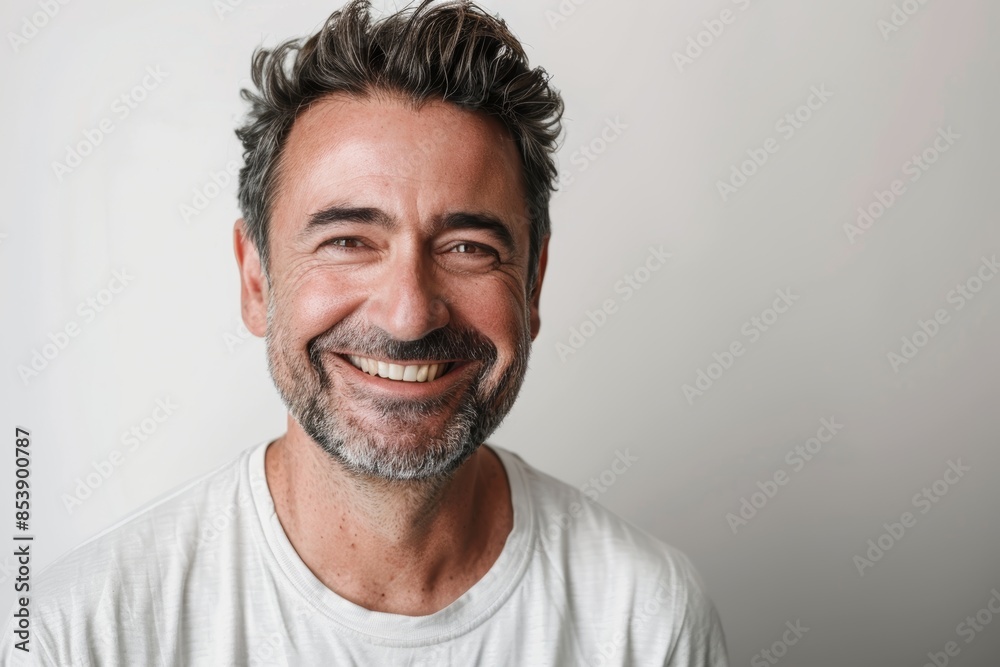 Portrait of a satisfied man in his 30s smiling at the camera isolated in white background Portrait of a satisfied man in his 30s smiling at the camera isolated in white background