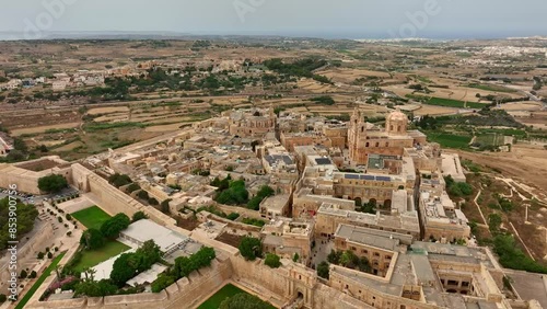 Aerial drone view of Mdina city, old capital of Malta island