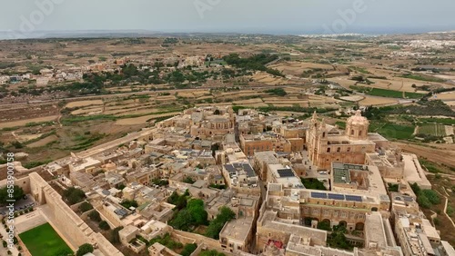 Aerial drone view of Mdina cathedral and city, old capital of Malta island