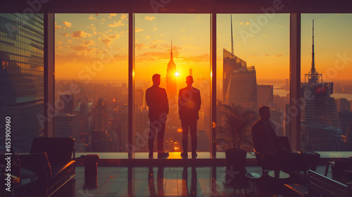 Wallpaper Mural silhouette of Business people standing in front of the French windows in a high-rise office, with the city view at sunset outside the window Torontodigital.ca