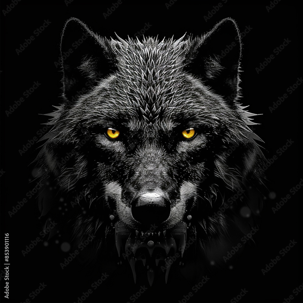 A black and white a mysterious and aethetic wolf with yellow eyes. Black background. A black and white a mysterious and aethetic wolf with yellow eyes. Black background.