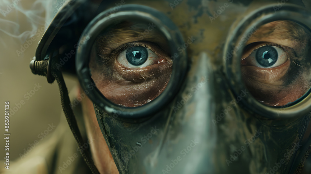 Close-up of a soldier's eyes through a gas mask, symbolizing endurance.
Close-up of a soldier's eyes through a gas mask, symbolizing endurance.
