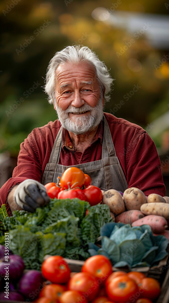 Old farmer picking vegetables and fruits in the vegetable garden