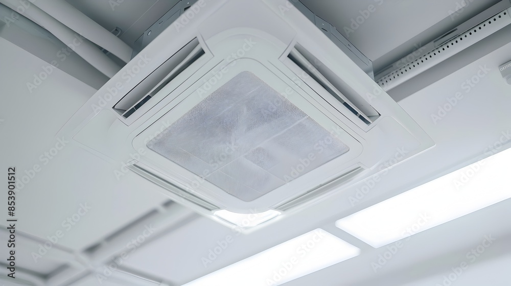 Ceiling-Mounted Air Conditioning Unit with Cool Air Streams on White Background Ceiling-Mounted Air Conditioning Unit with Cool Air Streams on White Background
