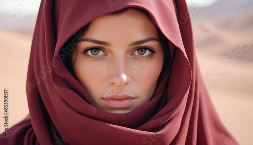 Arabic afghan arabian woman in traditional red hijab headwear close up portrait photo