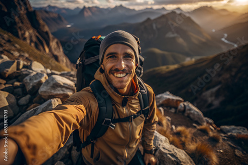 A happy hiker takes a selfie successfully climbing the mountain, a person smiling at the camera on the top of the mountain, happy hiker portrait, National Hiking Day. Outdoors shot.