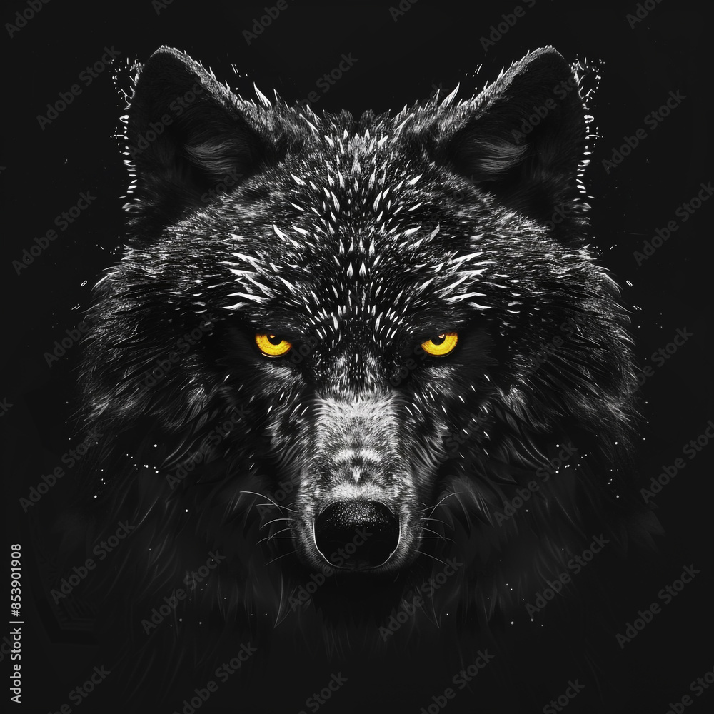 A black and white a mysterious and aethetic wolf with yellow eyes. Black background. A black and white a mysterious and aethetic wolf with yellow eyes. Black background.