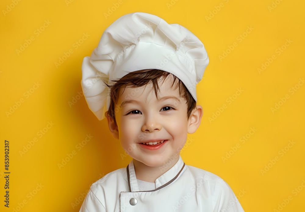 Cute happy toddler boy dressed as chef isolated on yellow background with copy space Cute happy toddler boy dressed as chef isolated on yellow background with copy space