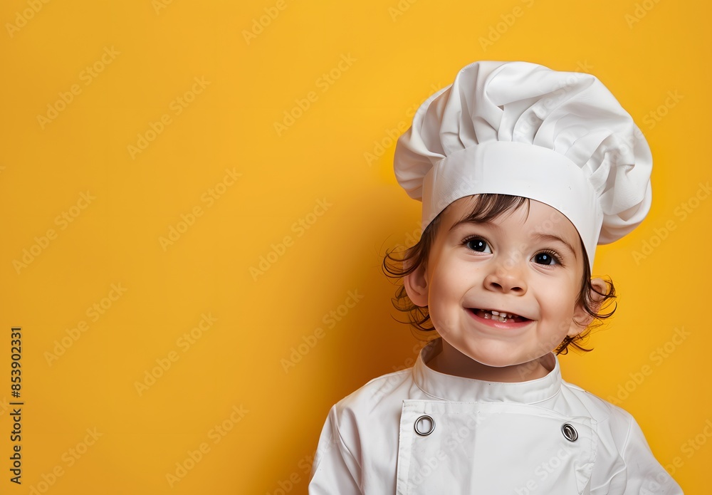 Cute happy toddler boy dressed as chef isolated on yellow background with copy space Cute happy toddler boy dressed as chef isolated on yellow background with copy space