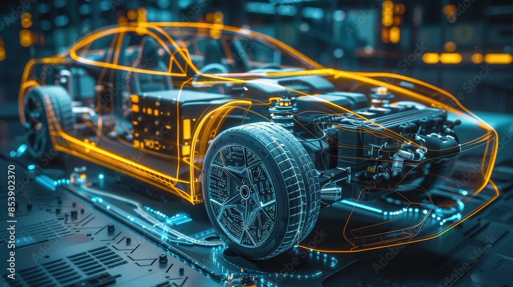 High-tech representation of a futuristic concept car with transparent outer body, showcasing internal components and advanced technology. High-tech representation of a futuristic concept car with transparent outer body, showcasing internal components and advanced technology.