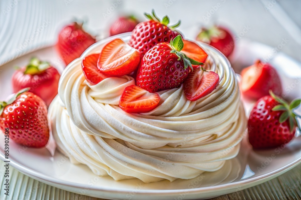A delectable dessert of meringue nests topped with fresh strawberries and mint leaves, served on a white plate. Perfect for dessert blogs, culinary magazines, and gourmet recipe content. A delectable dessert of meringue nests topped with fresh strawberries and mint leaves, served on a white plate. Perfect for dessert blogs, culinary magazines, and gourmet recipe content.