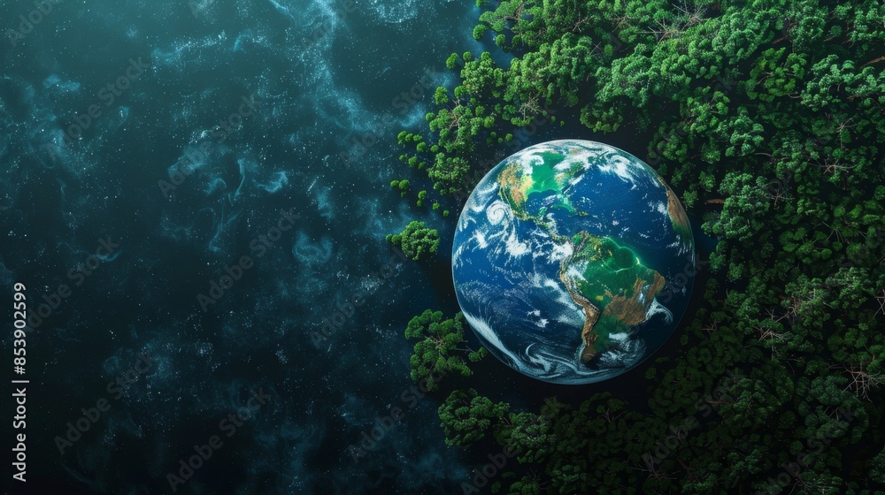 Obraz premium Earth Surrounded by Lush Forest with Starry Background, Generative AI