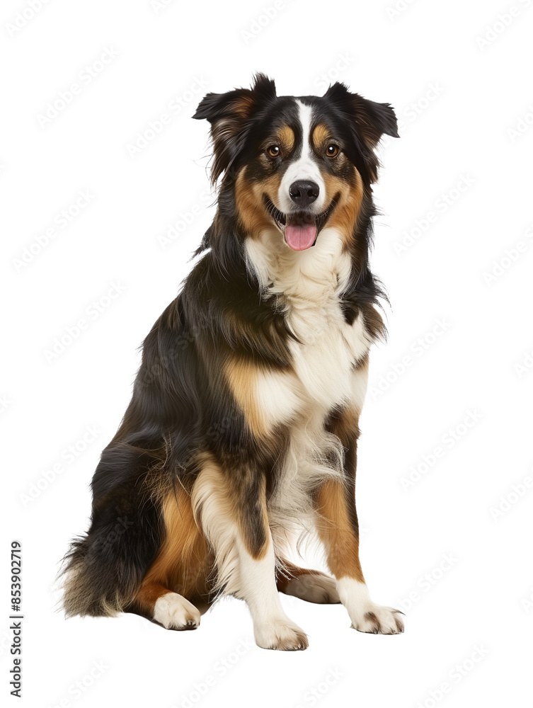 Full body shot of Australian Shepherd dog, sitting, smiling. Full body shot of Australian Shepherd dog, sitting, smiling.