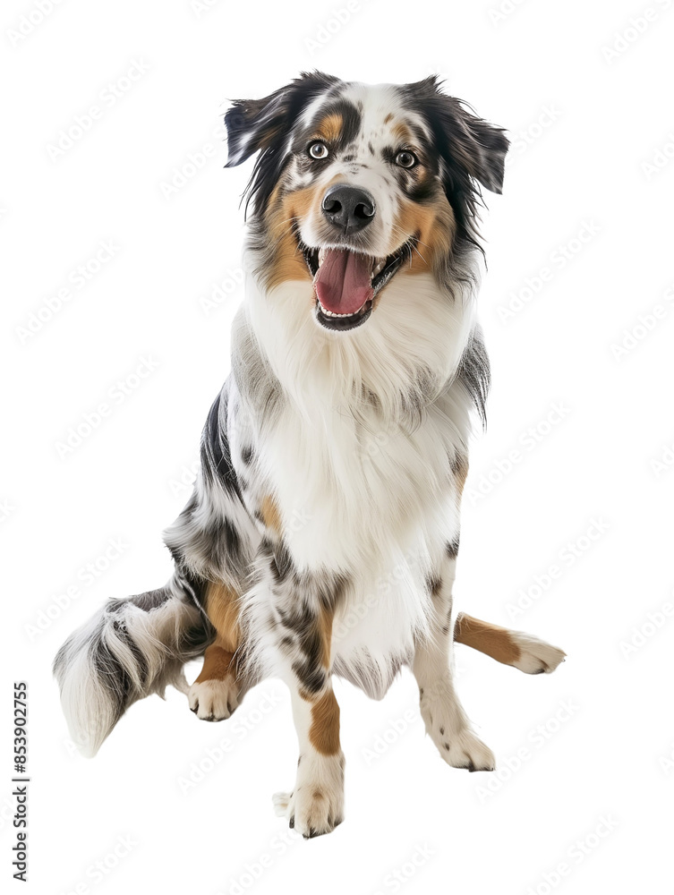 Full body shot of Australian Shepherd dog, sitting, smiling. Full body shot of Australian Shepherd dog, sitting, smiling.