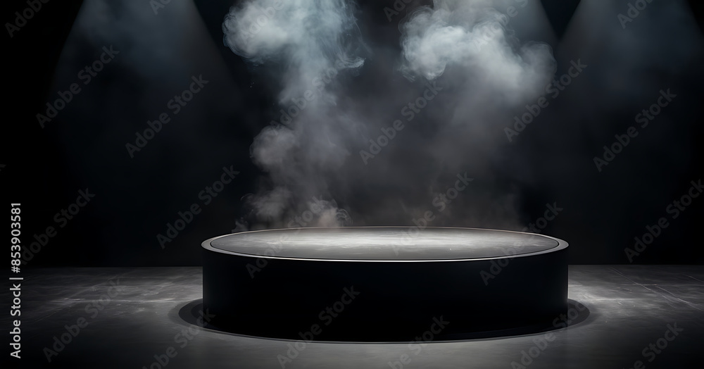 A dimly lit, smoky stage with a spotlight illuminating a black podium. Perfect for creating a mysterious and dramatic atmosphere for product displays, presentations, or artistic showcases.